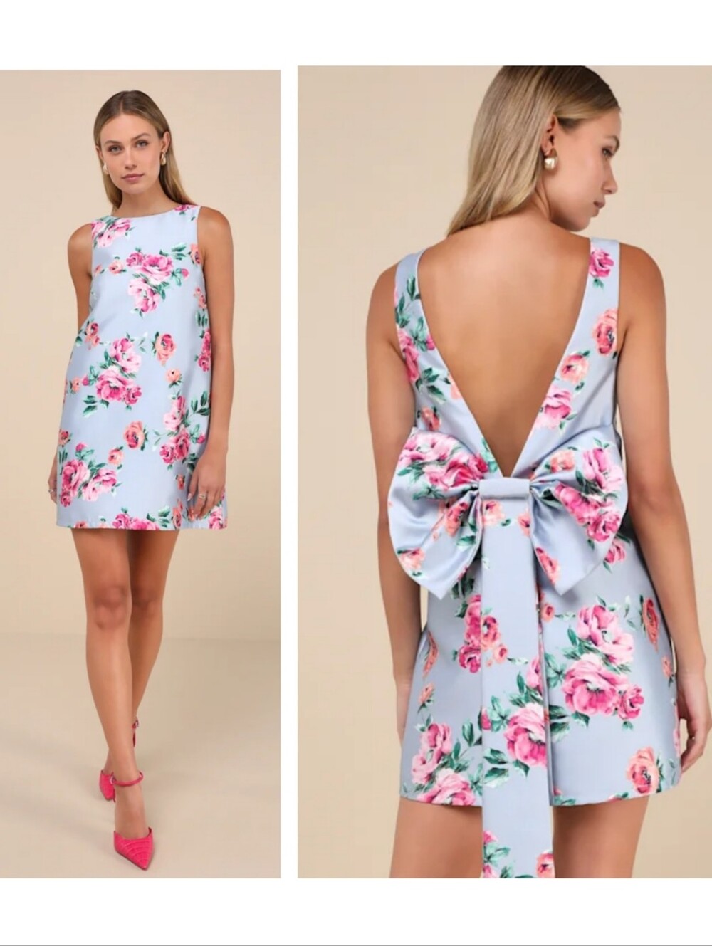 Lulus Exceedingly Darling Blue Floral Plunge Back Bow Shift Mini Dress Medium